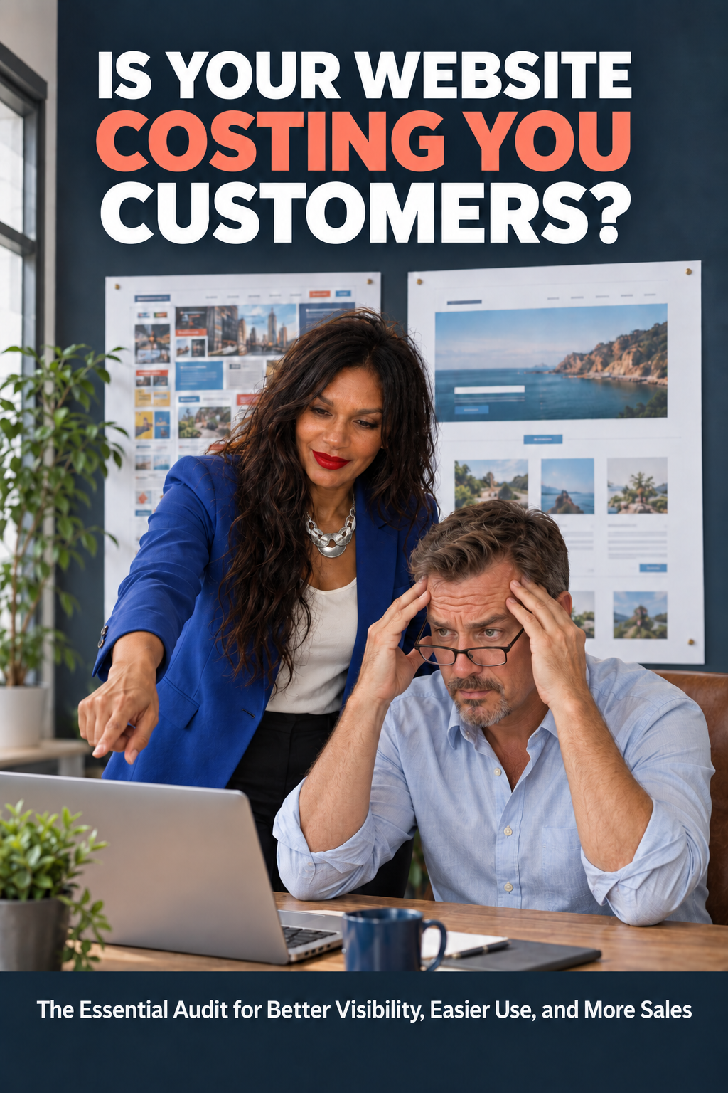 Cover of Is Your Website Costing You Customers? featuring Dani Evette helping a frustrated business owner at a laptop